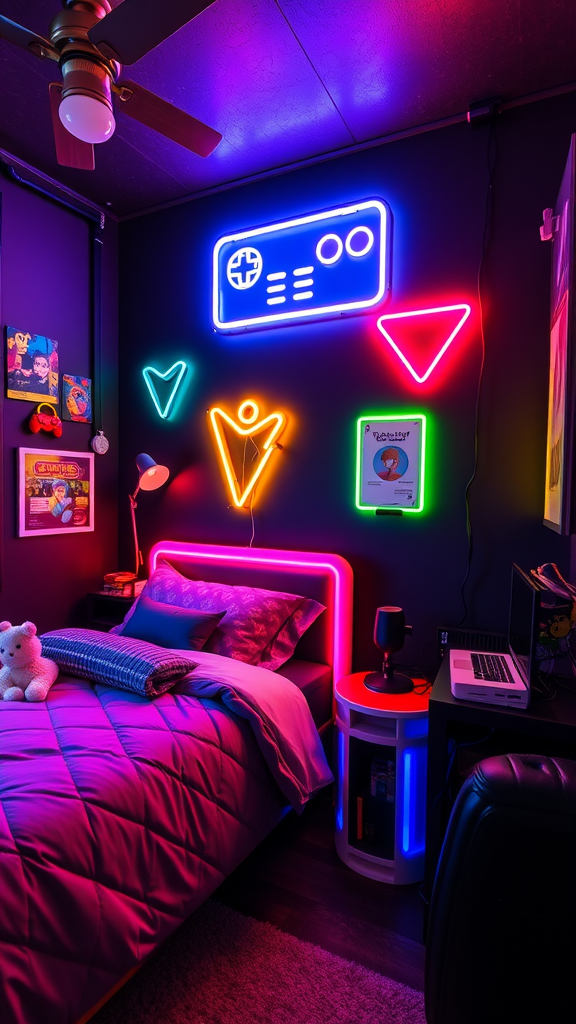 A cozy teen bedroom featuring neon lights, gaming decor, and a colorful bedding arrangement.