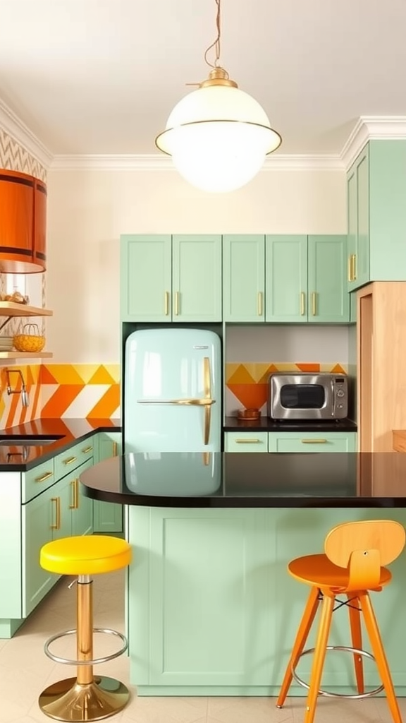 A mid-century modern kitchen featuring mint green cabinets, an orange and geometric backsplash, and colorful seating.