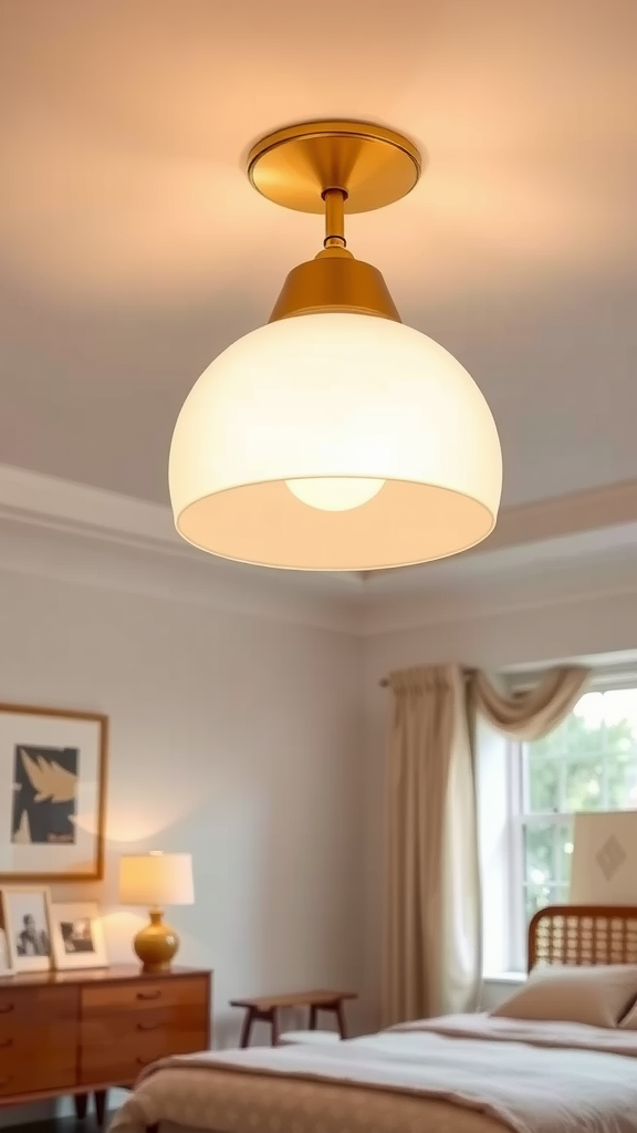 A retro dome ceiling light with a gold finish illuminating a cozy bedroom.