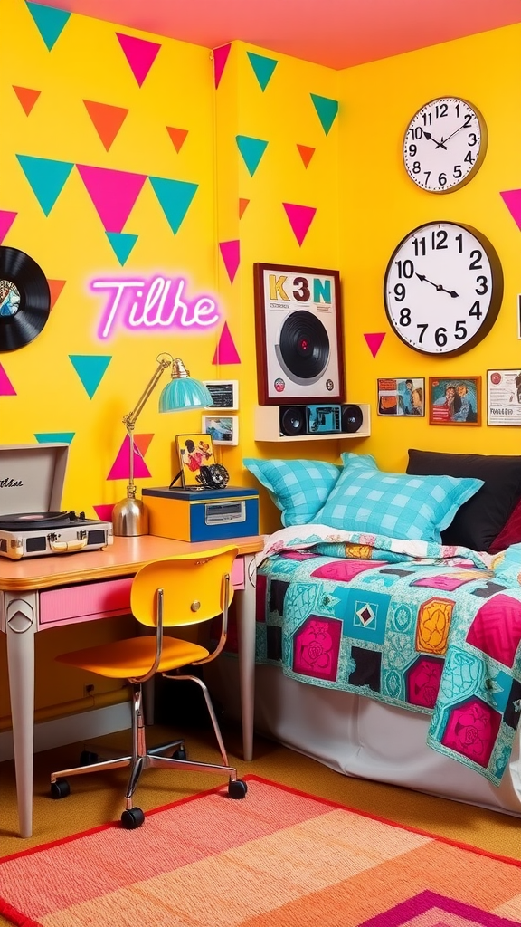 A colorful retro-themed dorm room with bright yellow walls, geometric patterns, a cozy bed with a patchwork quilt, and a vibrant desk.