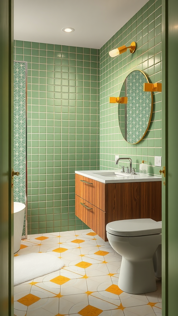 A retro bathroom featuring green tiles, yellow floor accents, and a wooden vanity.