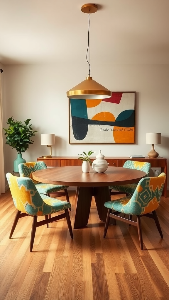 A mid-century modern dining room featuring a round wooden table surrounded by colorful patterned chairs, with a gold pendant light and abstract wall art.