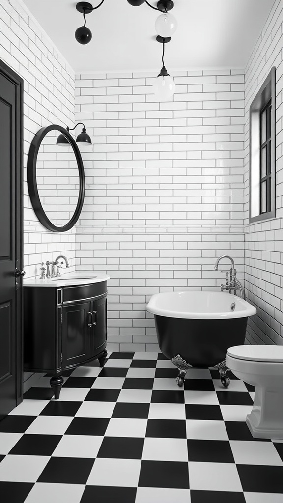 Black and white bathroom with checkered floor, black tub, and subway tiled walls