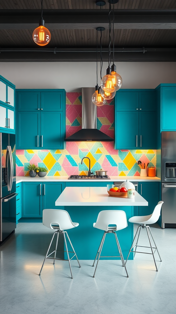 A modern kitchen featuring teal cabinets, a colorful geometric backsplash, and stylish seating.