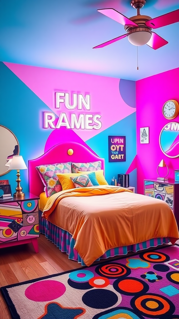 A colorful retro neon bedroom featuring pink and blue walls, a neon sign, and vibrant furnishings.