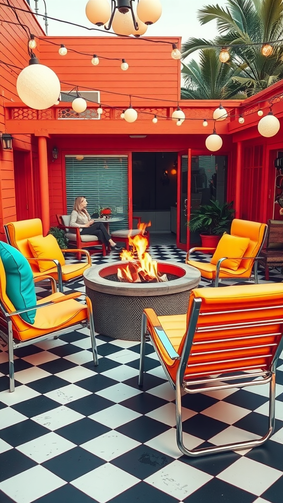 A vibrant patio with a fire pit, surrounded by colorful chairs and decorative lights.