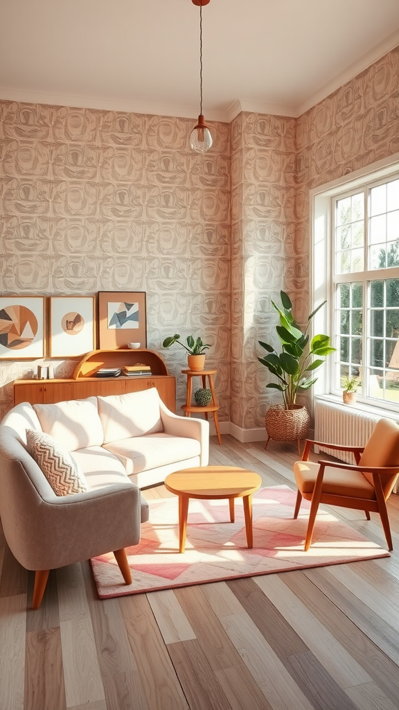 A cozy mid-century modern living room with retro patterned walls, soft furniture, and warm lighting.