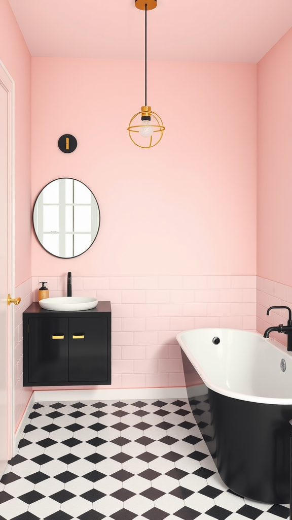 A mid-century modern bathroom featuring pink walls, a black and white checkered floor, and elegant fixtures.