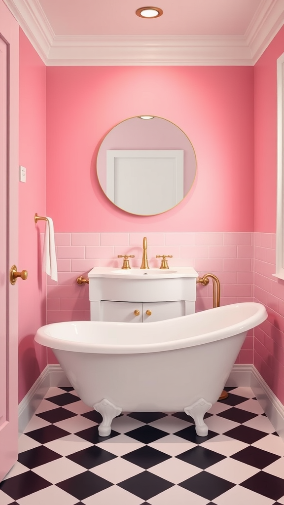 A retro-style bathroom featuring pink walls, a freestanding bathtub, and a checkerboard floor