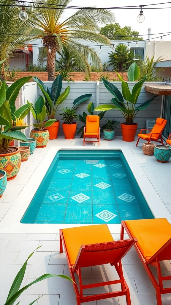 A small plunge pool with retro blue tiles surrounded by vibrant orange chairs and lush green plants.