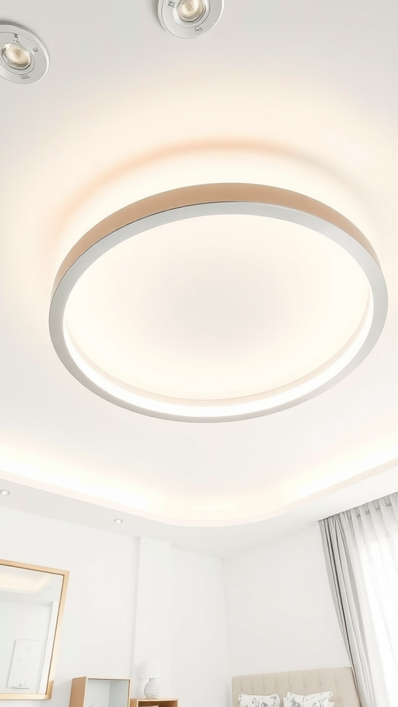 A modern ring-shaped LED ceiling light in a bright bedroom