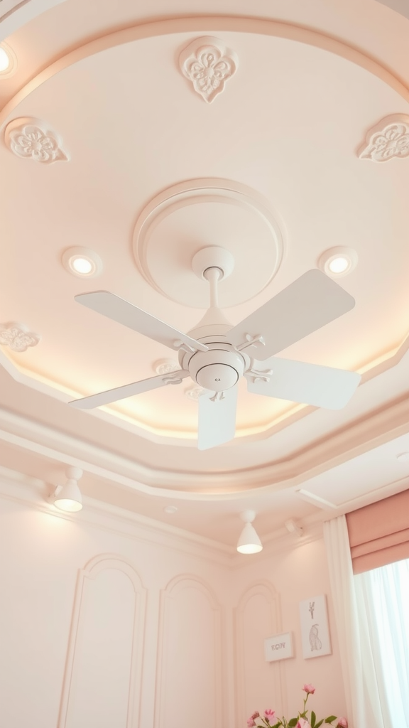 Ceiling design featuring a fan and soft lighting