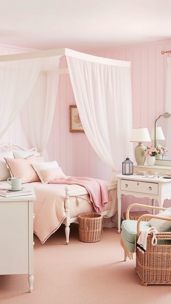 A romantic coastal bedroom featuring pink walls, a canopy bed, and soft decor.