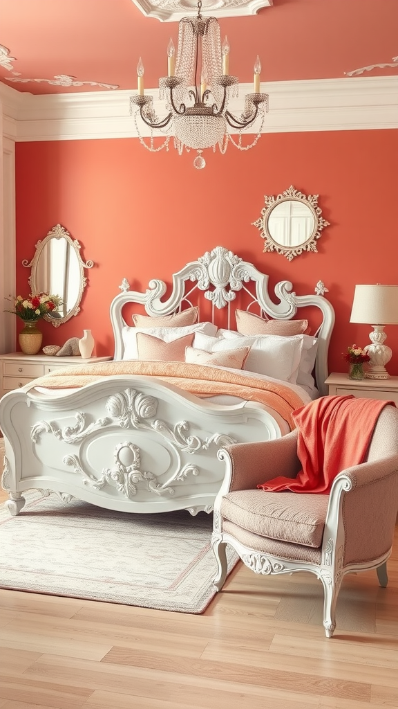 A stylish bedroom featuring coral walls, a white ornate bed, and a chandelier.