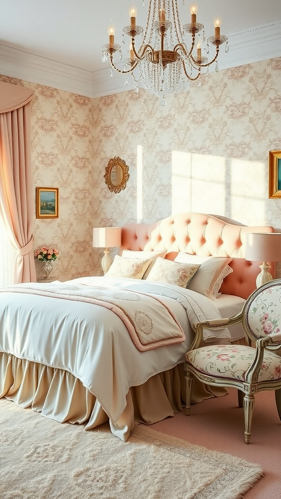 A romantic French boudoir with pink and cream colors, a tufted headboard, elegant chandelier, and floral wallpaper.