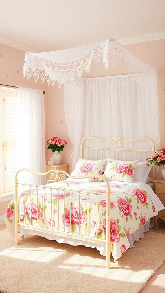 A cozy bedroom with a floral quilt, canopy bed, and soft pink walls