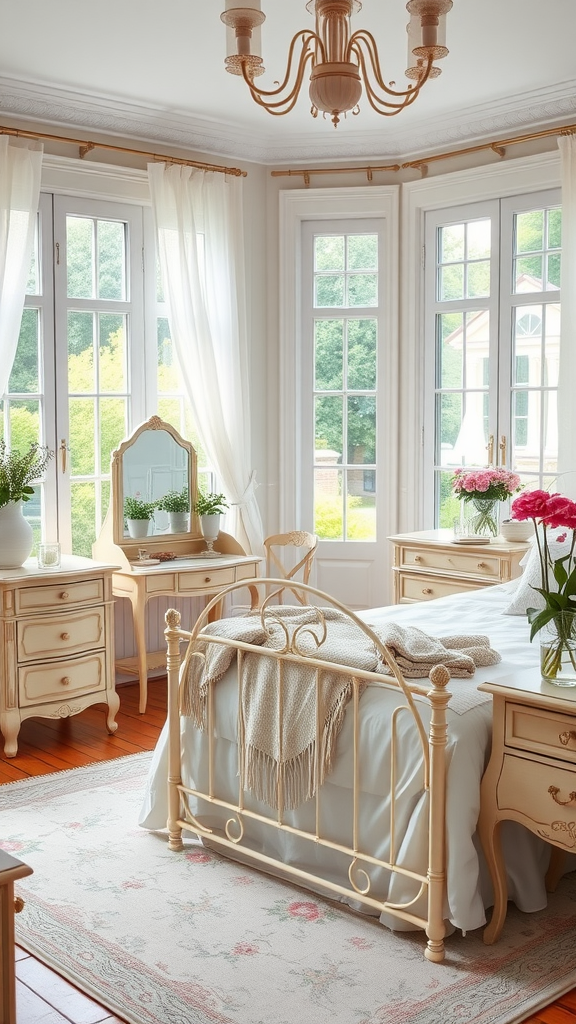 A bright and airy bedroom featuring large windows, a vintage metal bed, and floral accents, embodying a romantic garden feel.