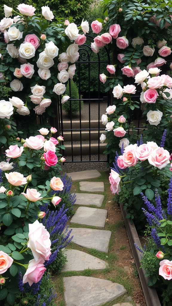 A romantic rose garden with a stone pathway lined with roses and lavender, leading to a decorative gate.