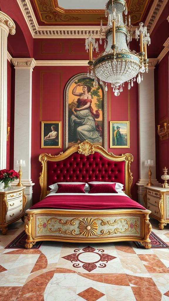 A luxurious classical bedroom design with red walls, ornate bed, and a sparkling chandelier.