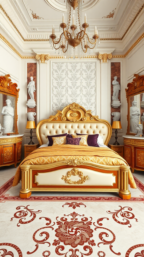 Luxurious Italian bedroom with ornate bed, chandelier, and decorative accents.