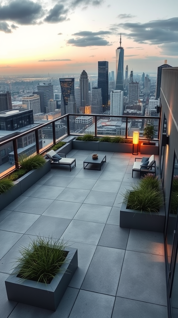 A rooftop concrete patio with city view, featuring modern furniture and greenery.