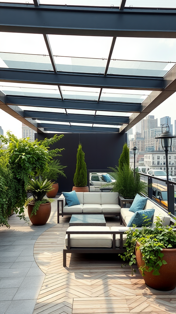 A cozy rooftop garden covered patio with comfortable seating and lush greenery