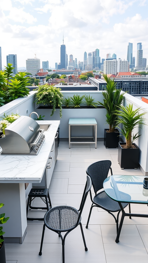 A stylish rooftop patio with an outdoor kitchen, featuring a grill, seating area, and city skyline view.