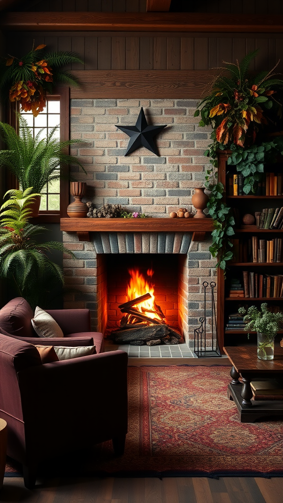 Cozy living room with a fireplace, plants, and rustic decor