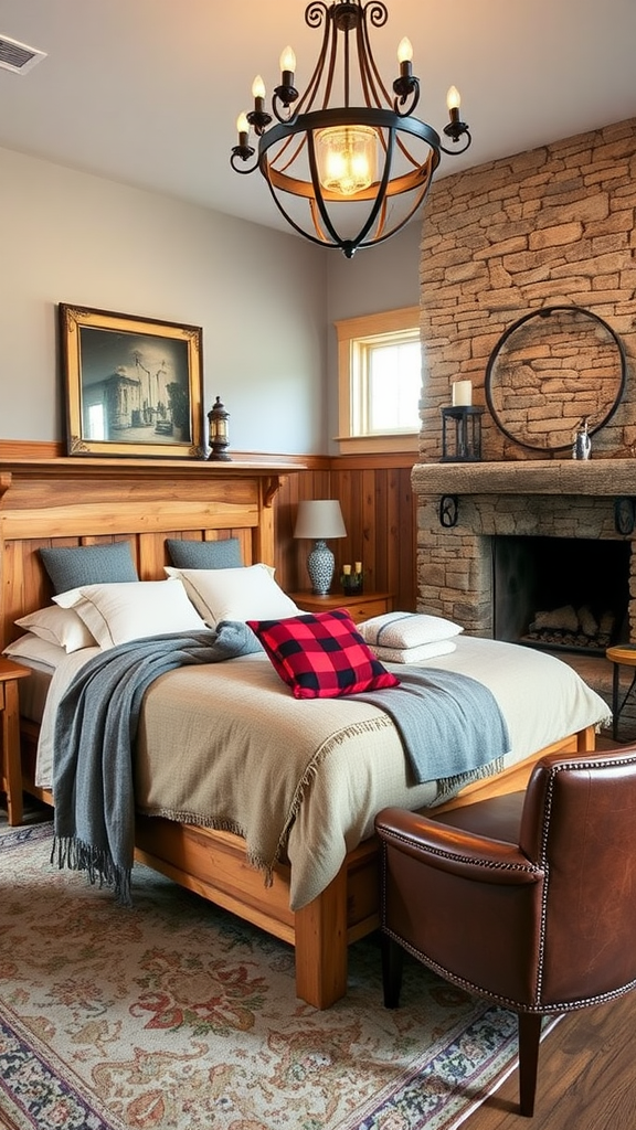 A rustic barnwood bedroom featuring a wooden bed, stone fireplace, and cozy decor.