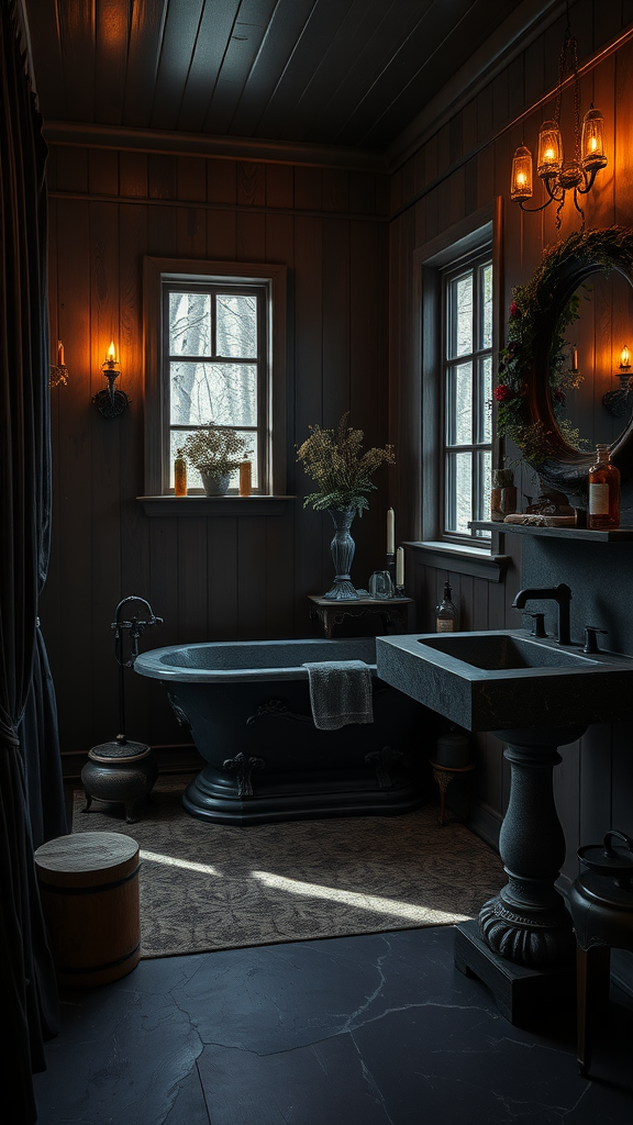 A rustic black forest bathroom featuring a clawfoot bathtub, dark wooden walls, warm lighting, and natural decor.