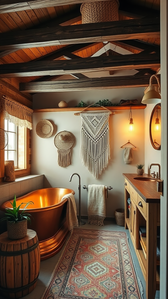 A rustic boho bathroom featuring a copper tub, wooden beams, woven wall art, and natural decor elements.