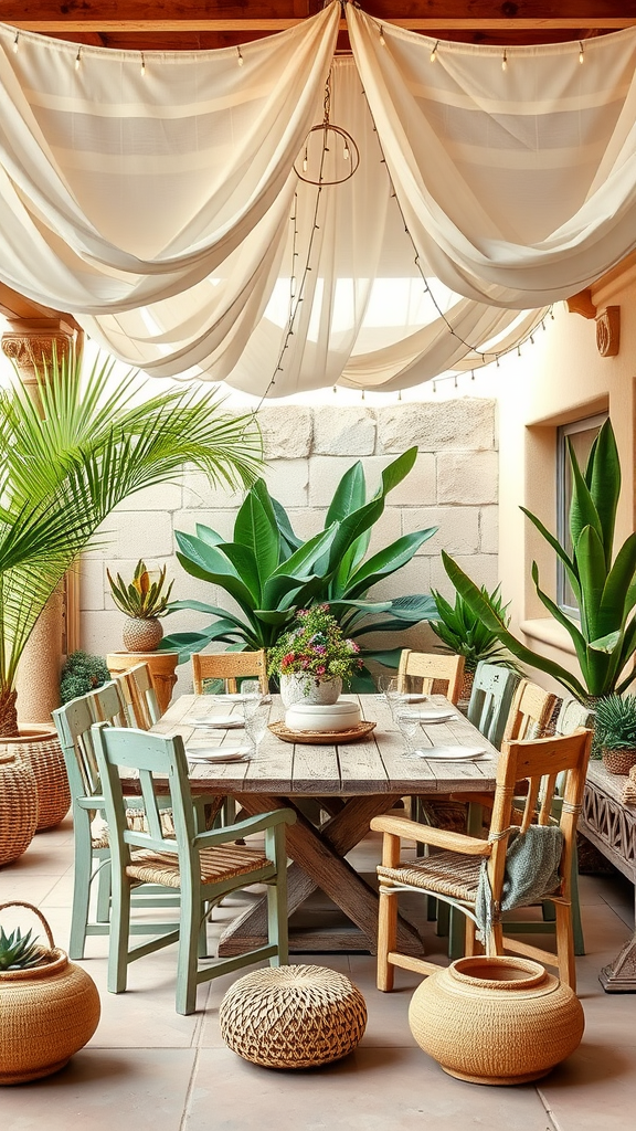 A rustic boho patio featuring a wooden table with light green chairs, surrounded by potted plants and soft draped fabric overhead.