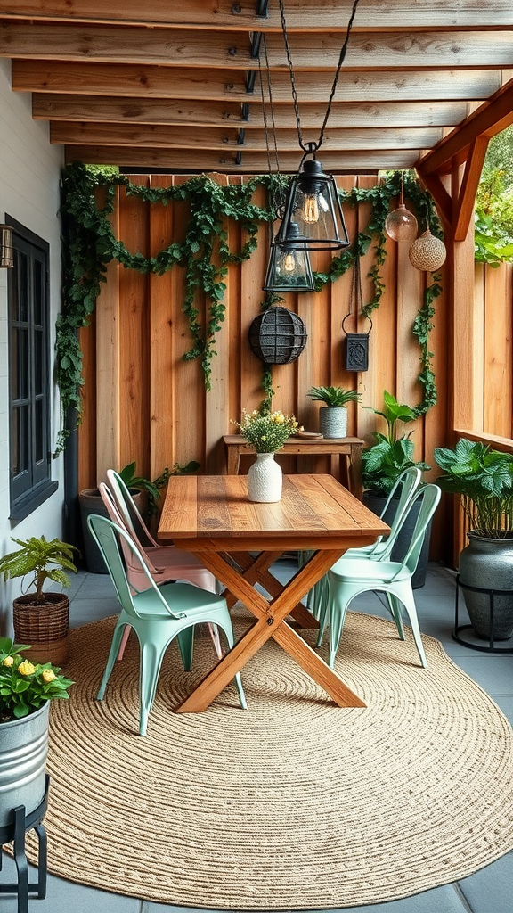 A rustic boho patio featuring a wooden table with mint green metal chairs, surrounded by plants and warm lighting.