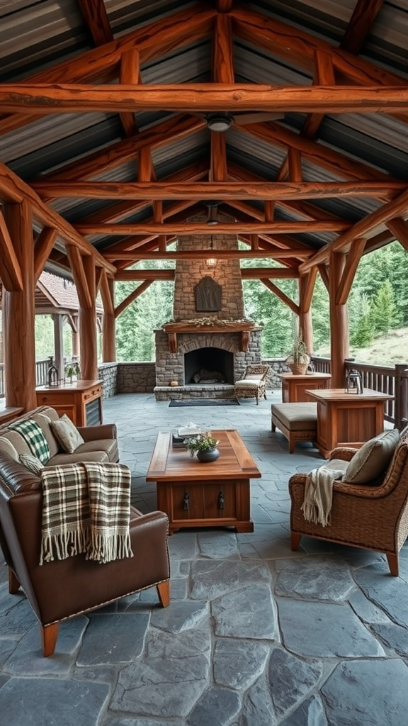 A rustic cabin covered patio featuring wooden beams, stone fireplace, and comfortable seating