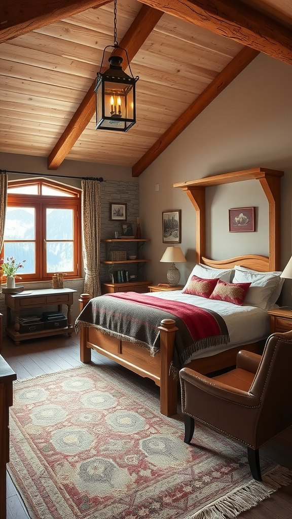 Cozy rustic chalet bedroom with wooden beams, a lantern, and a comfortable bed.