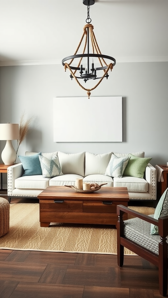 A modern coastal living room featuring a white sofa with colorful pillows, a wooden coffee table, and a unique chandelier.