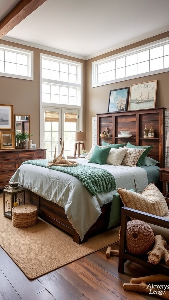 A cozy rustic coastal bedroom with wooden beams, soft blue linens, and natural light from large windows.