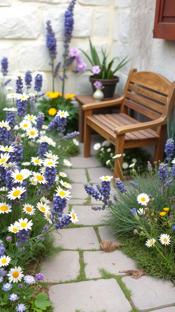 A rustic cottage garden with a stone pathway, colorful flowers, and a wooden bench.