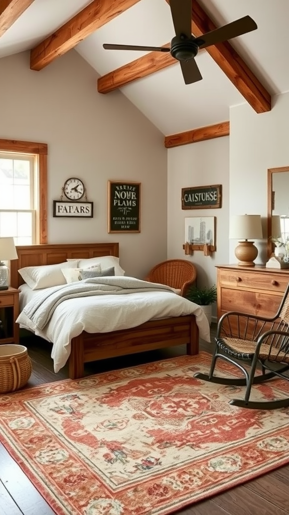 A cozy rustic farmhouse bedroom featuring wooden beams, a bed with white bedding, a patterned rug, and a wooden dresser.