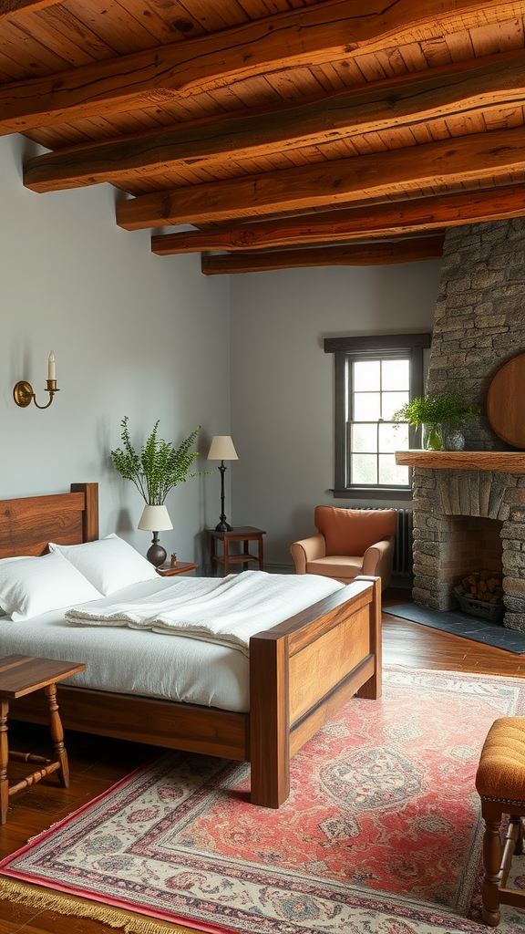 A rustic farmhouse bedroom with wooden beams, a stone fireplace, and leather chairs.