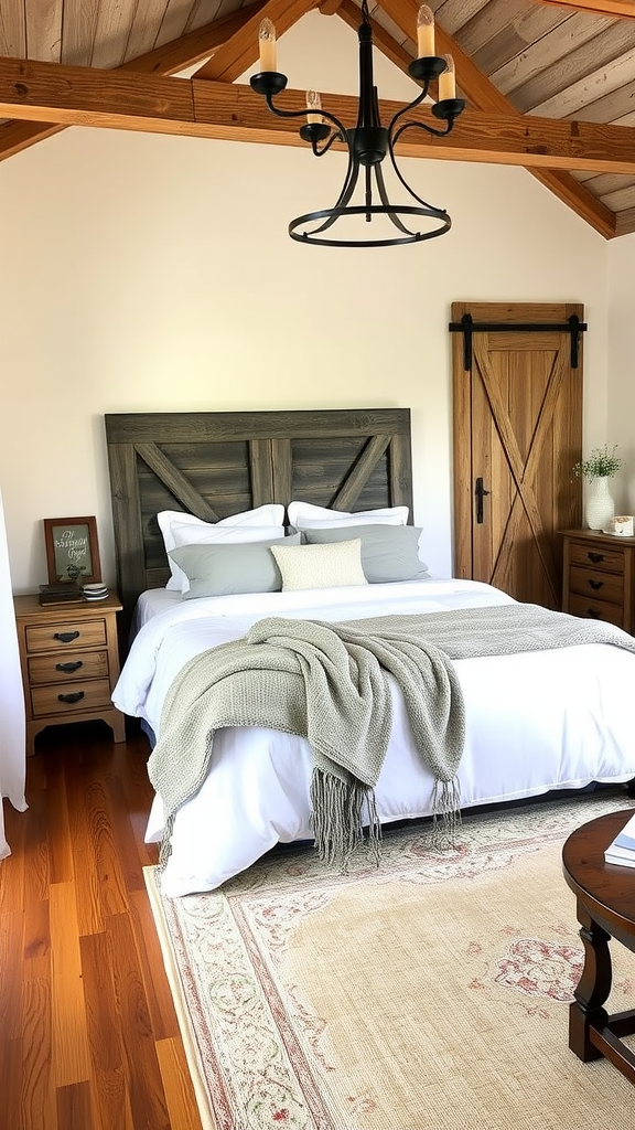 A rustic farmhouse bedroom featuring a wooden bed with a barn door headboard, warm wooden floors, and a cozy atmosphere.