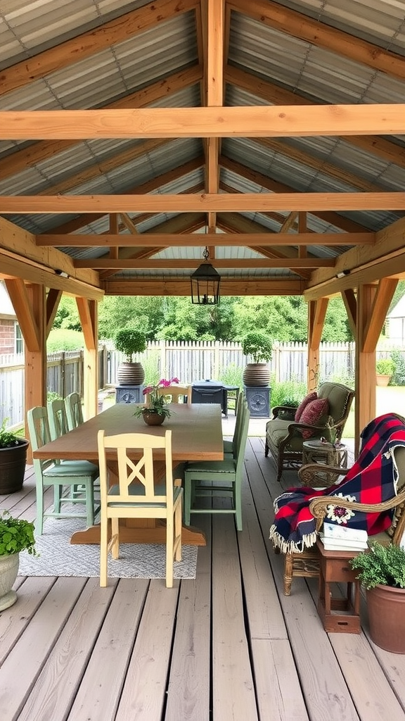 A rustic farmhouse covered patio with wooden beams, a large table, and cozy seating.