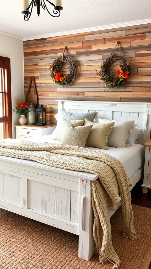 Cozy rustic farmhouse bedroom with wooden wall, wreaths, and soft bedding