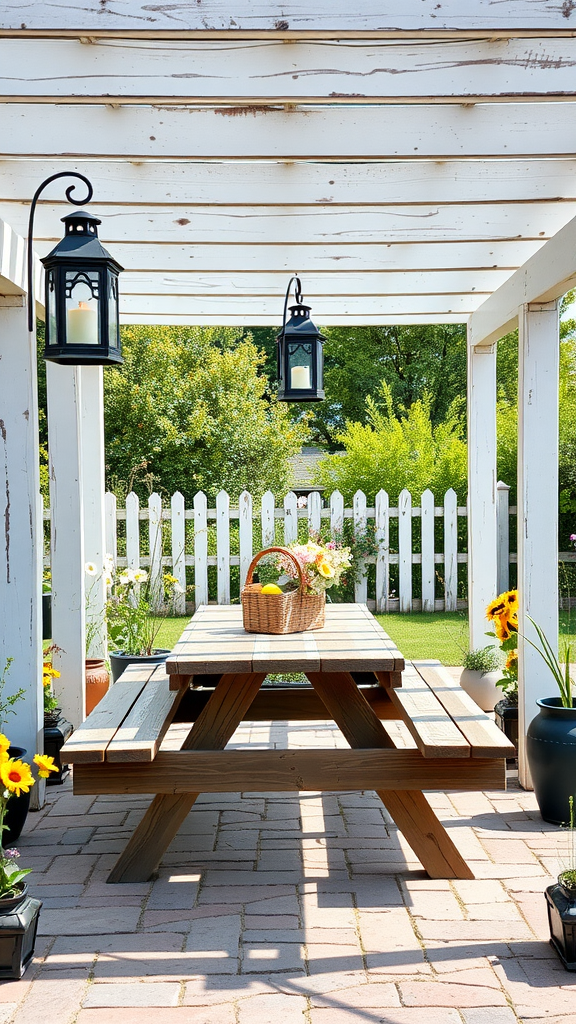 A rustic patio with a wooden picnic table and hanging lanterns under a pergola.