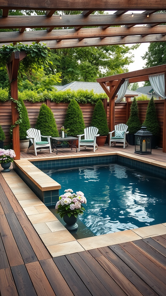 A rustic farmhouse plunge pool with a wooden deck, lush greenery, and comfortable seating