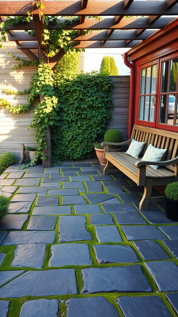 Rustic flagstone patio with wooden bench and green moss