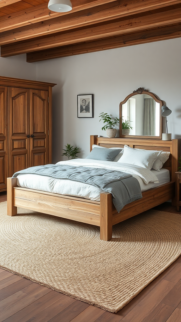 A rustic French country bedroom featuring a wooden bed, soft linens, and warm wooden beams.