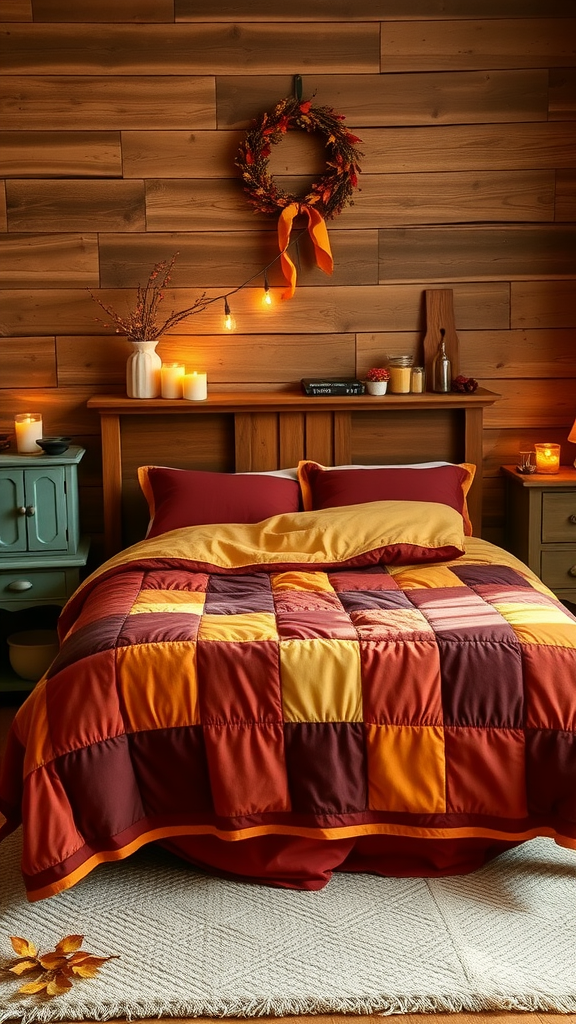 Cozy fall bedroom with warm colors and rustic decor