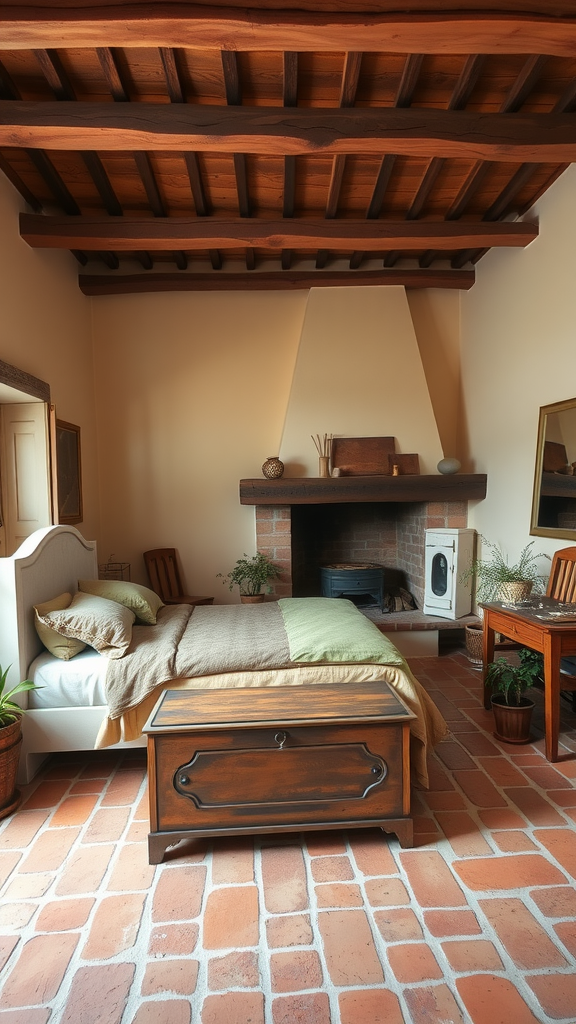 A rustic Italian bedroom featuring wooden beams, terracotta flooring, and a cozy fireplace.