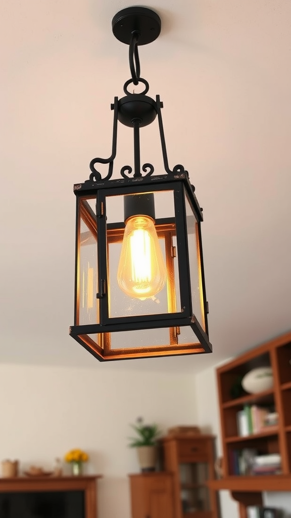 A rustic black lantern ceiling light with a glowing bulb, hanging in a cozy room.